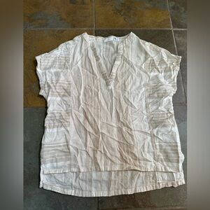 Sigrid Olsen 100% Linen Collar Stripe Short Sleeve Shirt Tan/White Size XS